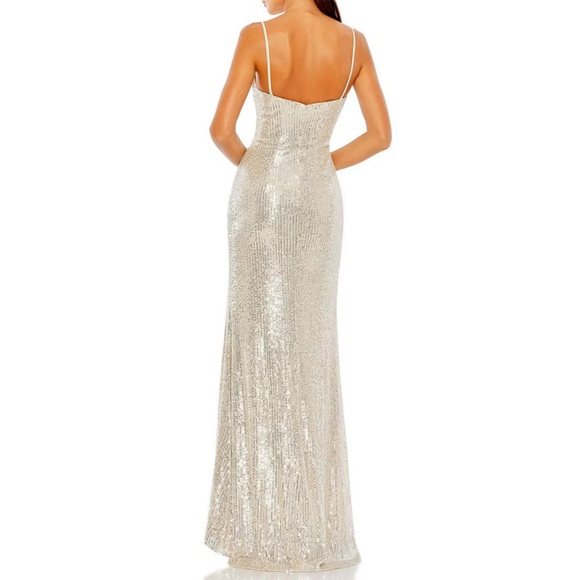 IEENA MAC DUGGAL GATHERED BUST SEQUINED SLEEVELESS COLUMN GOWN NUDE SILVER MAXI - Picture 3 of 7